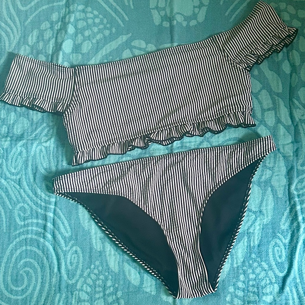 Brave Soul Bardot Frill Black and White Striped 2 Piece Bikini Tankini Set